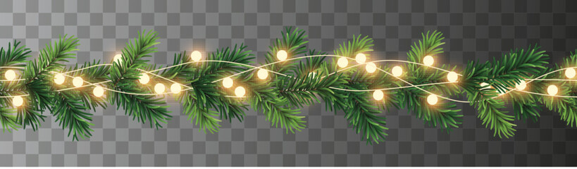 Vector seamless decorative christmas garland with coniferous branches and glowing light chain on transparent background - obrazy, fototapety, plakaty