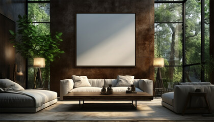 Stylish interior of living room with design modular sofa, furniture, wooden coffee table, rattan decoration, mock up picture frame, pillow, dried flowers and elegant accessories in modern home decor.