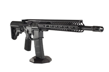 AR15 carbine, modern automatic black rifle isolated on white background. Weapons for police, special forces and the army.