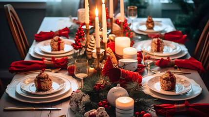 Fototapeta na wymiar Elegant Table Set for Christmas Feast, Enhanced by Candles and Christmas Trees, Creating a Joyful and Pleasant Christmas Atmosphere. HQ 4K