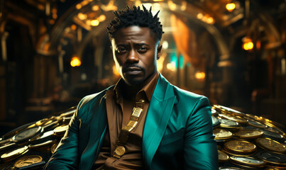 Fototapeta premium Stylish Man in Futuristic Gold and Teal: Cyberpunk Background and Money Theme