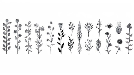 Set of tiny wild flowers and plants line art vector - obrazy, fototapety, plakaty