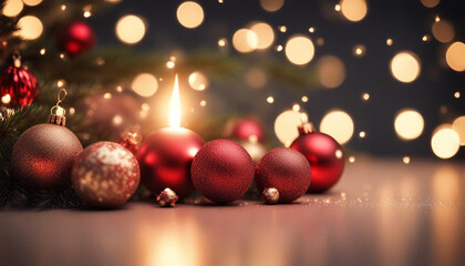 Obraz premium Golden and blue balls with bokeh lights on a green Christmas tree with cones, winter background for greeting card, atmosphere of cosiness and celebration