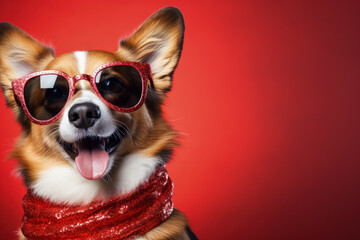 New Years Corgi dog with sequin scarf and festive sunglasses background with empty space for text 