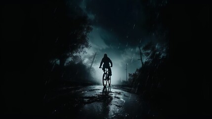 Fototapeta premium man riding a bike down the wet road