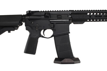 AR15 carbine, modern automatic black rifle isolated on white background. Weapons for police, special forces and the army.