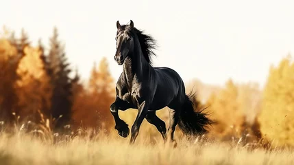 Photo sur Aluminium Prairie, marais running black horse Warmblood at morning field