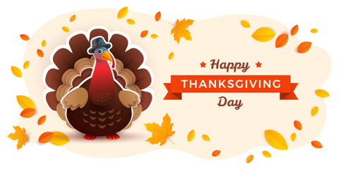Thanksgiving Day turkey banner with Thanksgiving turkey cartoon cute character, fall foliage, yellow leaves, and Happy Thanksgiving Day lettering. Yellow background. Vector illustration  - obrazy, fototapety, plakaty