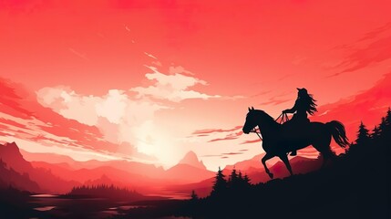 Horseback woman riding on galloping horse with red sky - obrazy, fototapety, plakaty