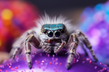 Tarantula spider with New Year party hat on disco globe background with empty space for text 