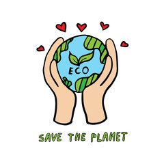 Single element of planet in hands in ecology clipart set. Recycle, save the planet, eco-friendly, organic, plastic-free, eco-friendly, zero waste concept, reduce, reuse, green lifestyle, conservation.