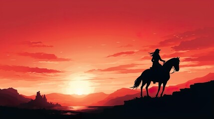 Horseback woman riding on galloping horse with red sky