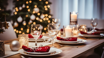 Elegant Table Set for Christmas Feast, Enhanced by Candles and Christmas Trees, Creating a Joyful and Pleasant Christmas Atmosphere. HQ 4K
