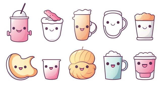 Set of retro cartoon funny food and drink characters