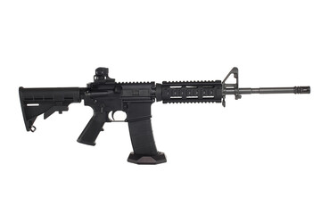 AR15 carbine, modern automatic black rifle isolated on white background. Weapons for police, special forces and the army.