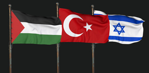 Israel Flag, Palestine flag, Turkey Flag - waving on dark background. 3D Design. - obrazy, fototapety, plakaty