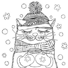 Cute Сat in hat and Snow. Christmas, New Year. Black and White Adult Coloring Book Page. Doodle.