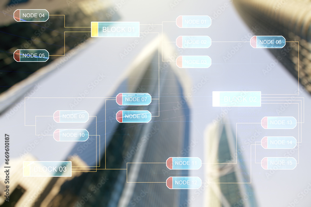 Poster double exposure of abstract programming language interface on modern skyscrapers background, researc