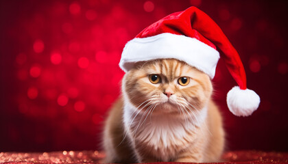 yellow cat dressed in Santa Claus hat, on red background zet - obrazy, fototapety, plakaty