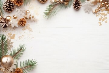 Obraz na płótnie Canvas a luxury colorful christmas border with christmas brance, pine tree leaf, little lamps tumblr, white luxury metal background for flat lay, generative ai
