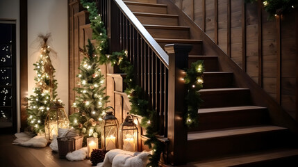 Obraz premium Christmas Decorations in the House with Wooden Stairs, Christmas Atmosphere, High-Quality 4K
