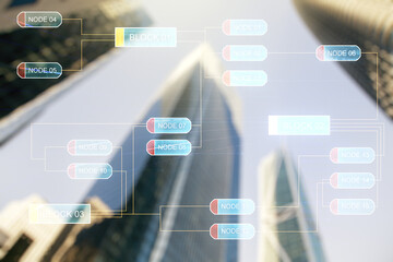 Double exposure of abstract programming language interface on modern skyscrapers background, research and development concept