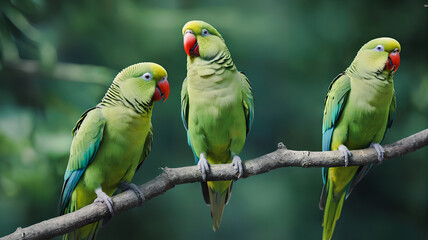 Obraz premium Colorful parrots on a branch. Generative AI.