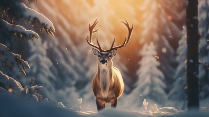 A reindeer in the thicket of a winter forest looks into the camera.