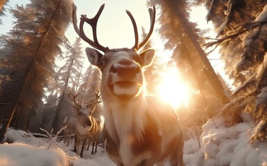 A reindeer in the thicket of the winter forest looks into the camera against the sunset.