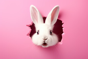 Obraz premium cute rabbit peeking out of hole in pink wall, generative ai