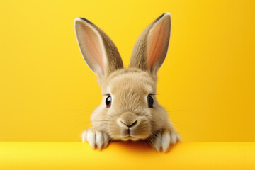 Fototapeta na wymiar cute rabbit peeking over yellow wall, generative ai