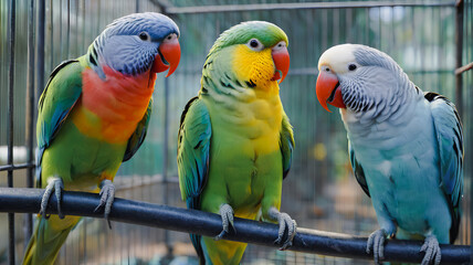 Obraz premium Colorful parrots on a branch. Generative AI.