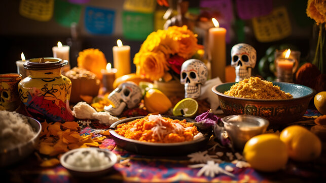 Authentic Day of the Dead altar with vibrant marigolds, painted skulls, traditional pottery, and festive foods lit by candles