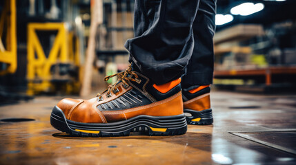 Fototapeta premium Close-up safety working shoe on a worker feet is standing at the factory, ready for working in danger workplace concept. Industrial working scene and safety equipment.