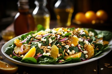 Spinach salad with oranges, cheese, red onion, and pine nuts. Generative AI - obrazy, fototapety, plakaty