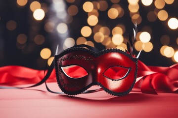 New Year, carnival, red feminine mask lying on the red table against blurred lights background - obrazy, fototapety, plakaty