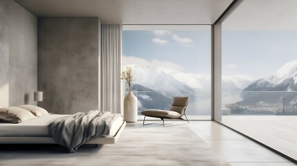 bright, clean looking bedroom with a stunning view to snowy mountains. generative AI illustration.