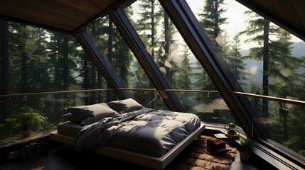 modern bedroom with a stunning view to nature. generative AI illustration.	
