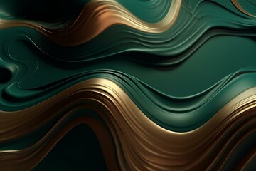 Simple and elegant design: green and brown waves with golden liquid texture in a 3D render. Generative AI