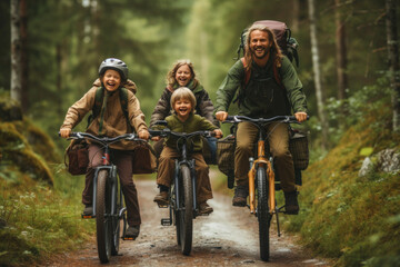 Sustainable travel. Environmentalist family riding a bike together in the forest. - obrazy, fototapety, plakaty