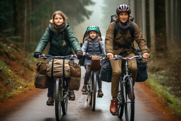 Sustainable travel. Environmentalist family riding a bike together in the forest.