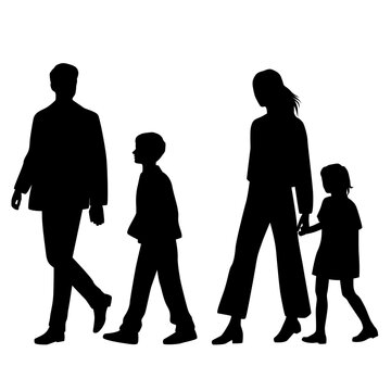 Vector silhouettes of family, man, woman, boy and girl walking, profile, people, black color,  isolated on white background