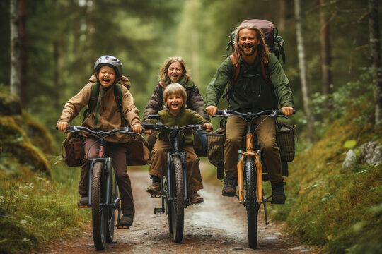 Sustainable Travel. Environmentalist Family Riding A Bike Together In The Forest.