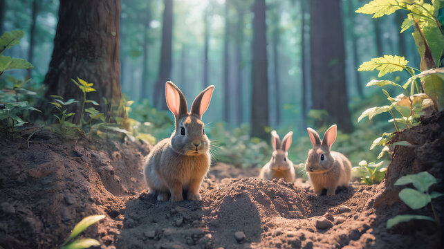 Rabbit Family Building a Burrow in the Middle of the Forest. Generative AI.