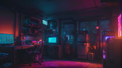 Obraz na płótnie Canvas Cyberpunk room in neon colors. Generative AI.