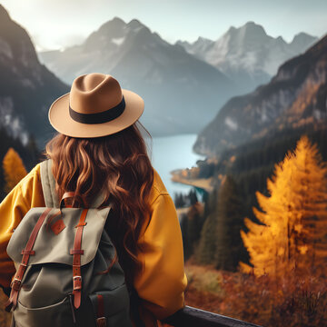 back view of a hipster girl, with a backpack, wearing a hat and a yellow jacket, looking at the distant mountains and the lake, generative ai