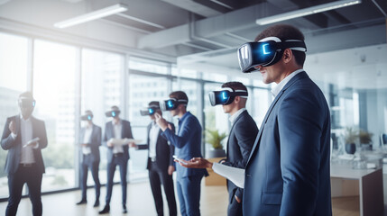 An office interior with employees using virtual reality (VR) headsets, business technology background, blurred background, with copy space