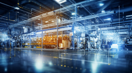 A wide shot of a smart factory floor showcasing automation and IoT devices, business technology background, blurred background, with copy space
