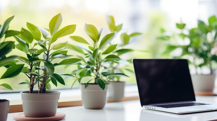 Office plants juxtaposed with modern tech gadgets emphasizing eco-friendly business tech, business technology background, blurred background, with copy space