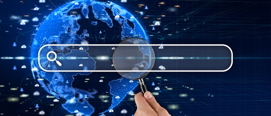 Human hand holds a magnifier in the search bar tab. Creative interface browser.